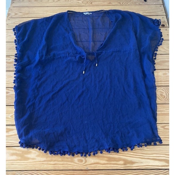 Rod Beattie Bleu Pom Pom Trim Sheer Cover Up Dress Top Size Medium Women’s Blue - Picture 1 of 6